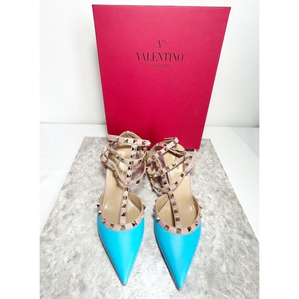 Valentino Garavani Rockstud Leather Ankle Strap Pumps in Blue  - Sz EU 40.5 (10)